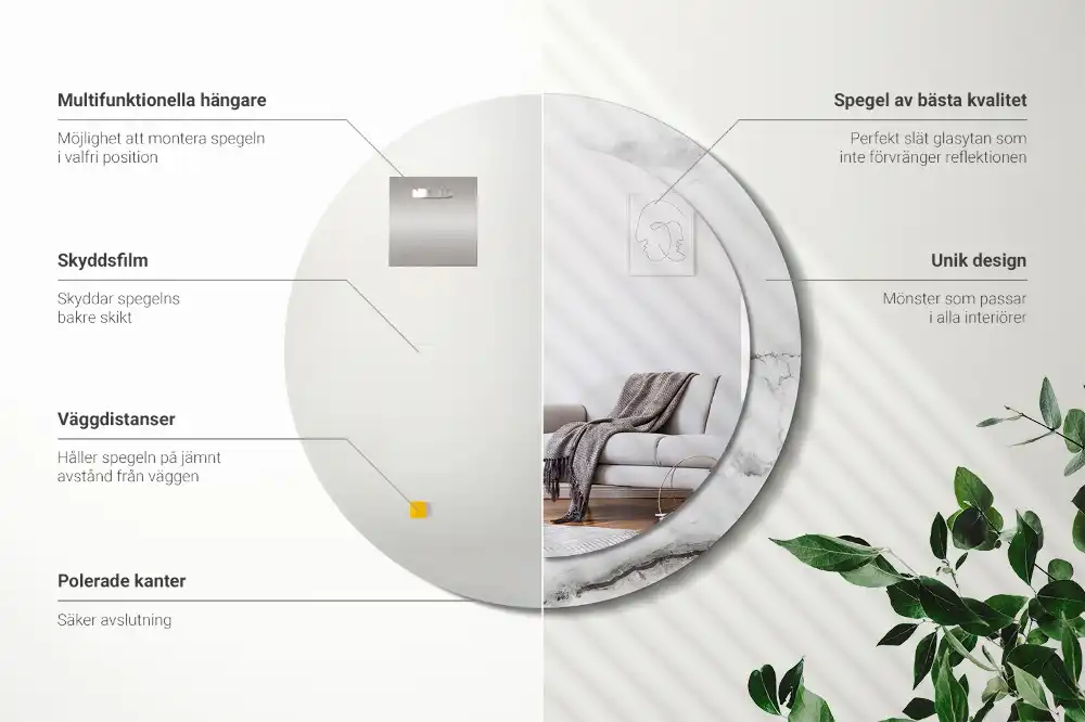 Miroir rond cadre imprimé marbre blanc