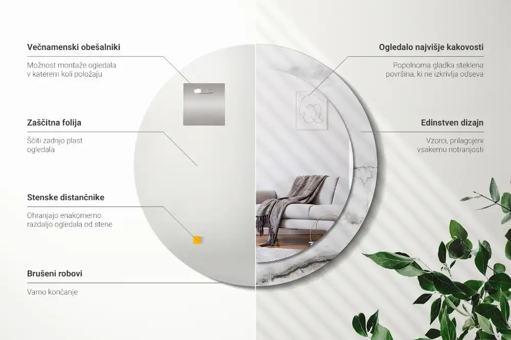 Miroir rond cadre imprimé marbre blanc