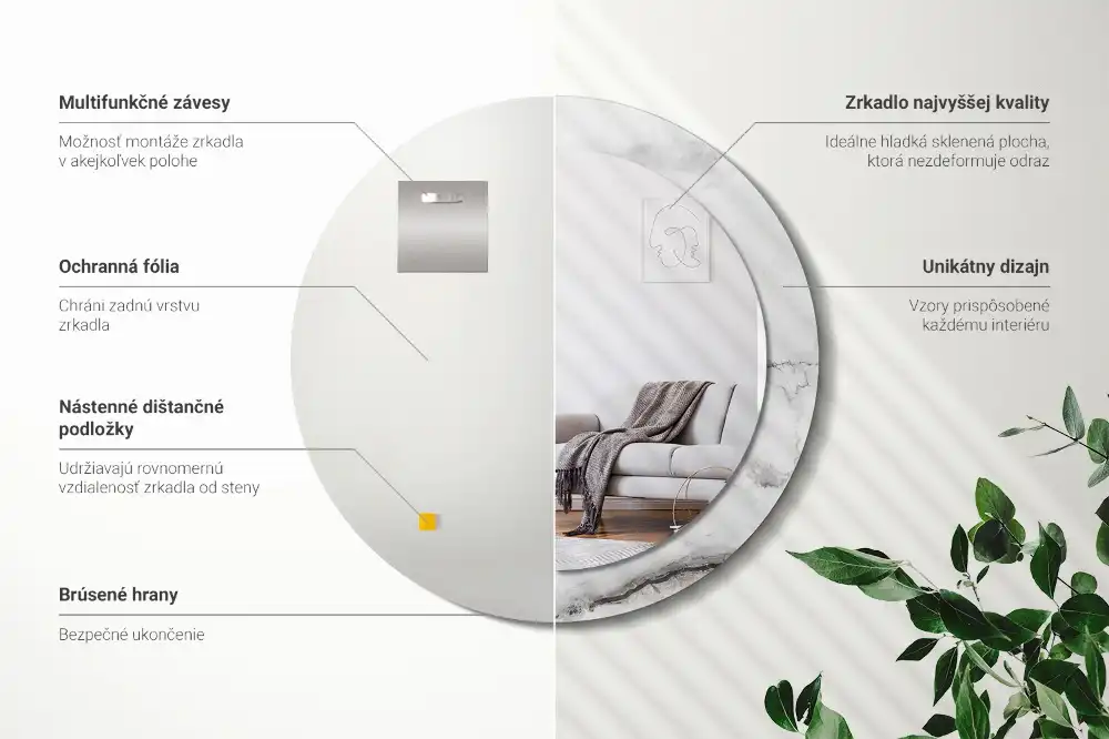 Miroir rond cadre imprimé marbre blanc