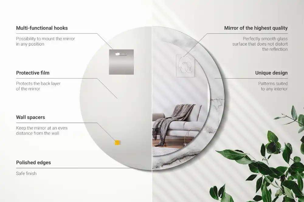 Miroir rond cadre imprimé marbre blanc