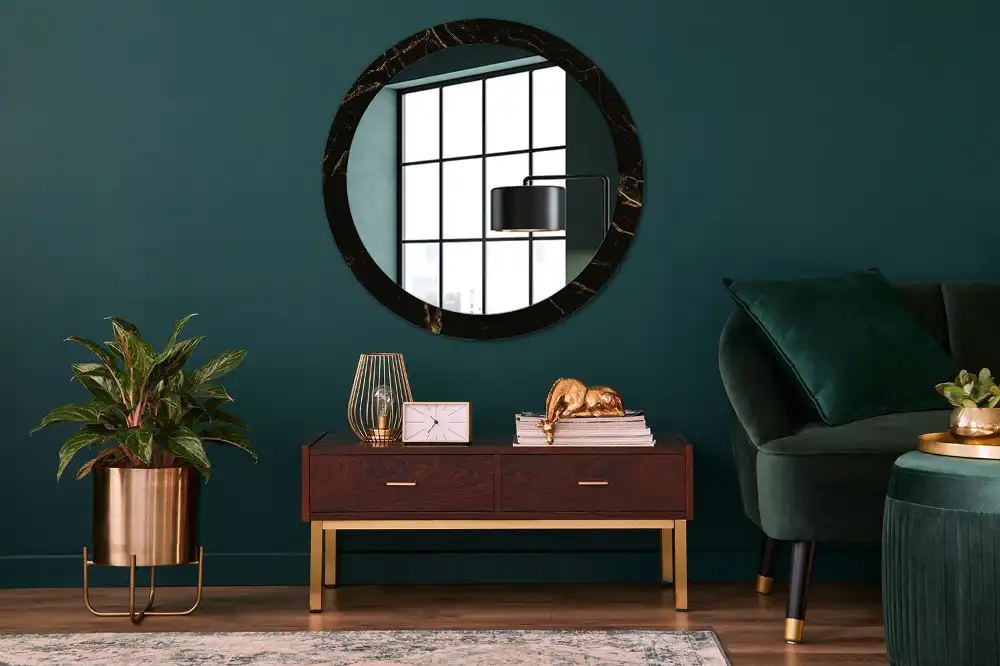 Miroir rond avec décoration marbrure noire