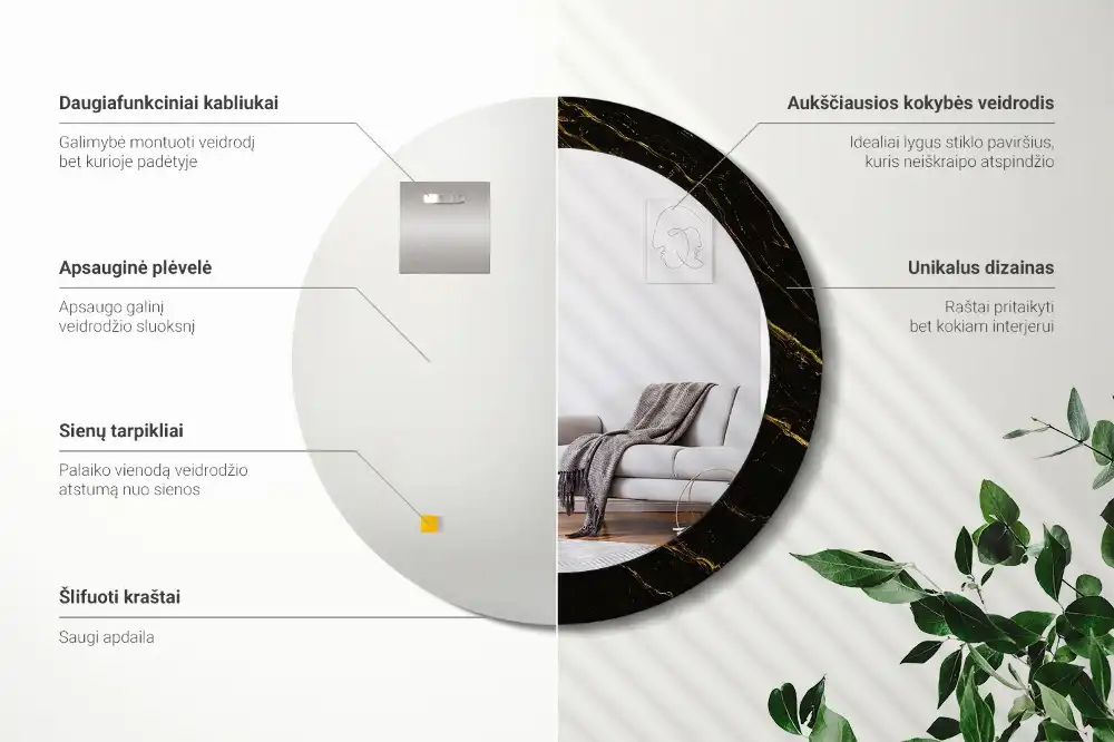 Miroir rond avec décoration marbrure noire