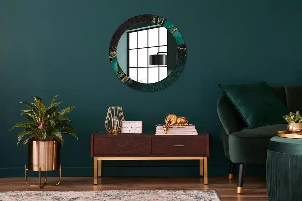 Miroir rond cadre avec impression vert marbré