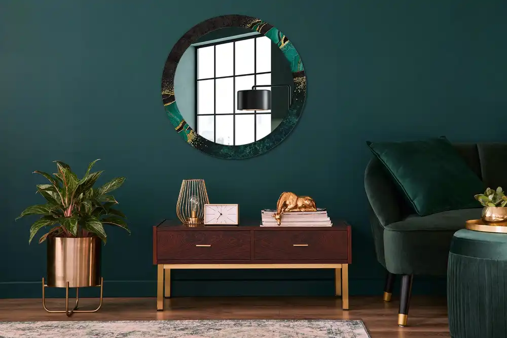 Miroir rond cadre avec impression vert marbré