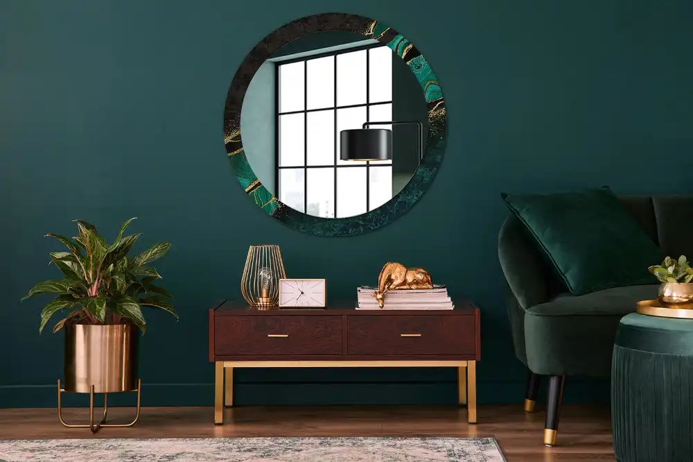 Miroir rond cadre avec impression vert marbré