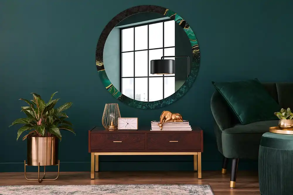 Miroir rond cadre avec impression vert marbré