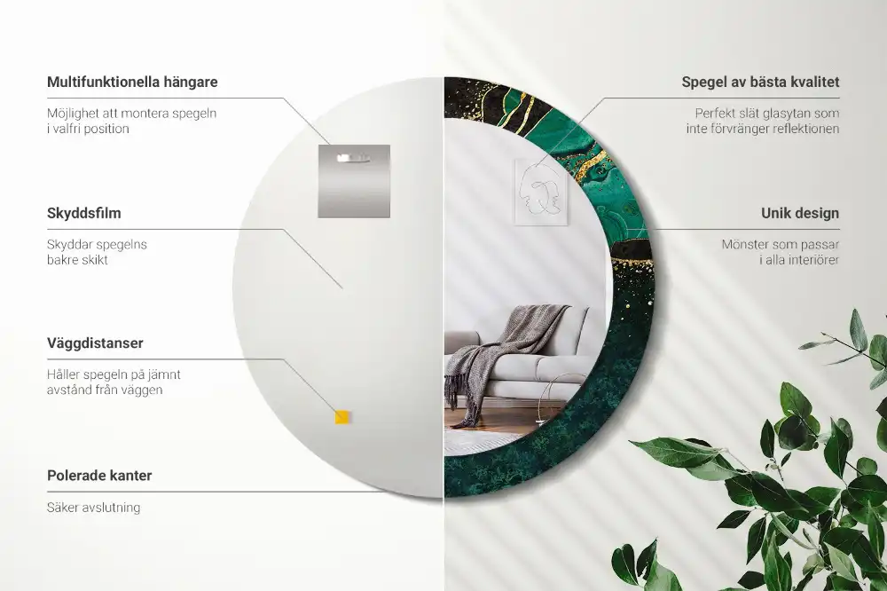 Miroir rond cadre avec impression vert marbré