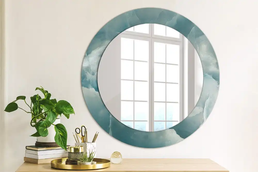 Miroir rond cadre avec impression marbre onyx bleu