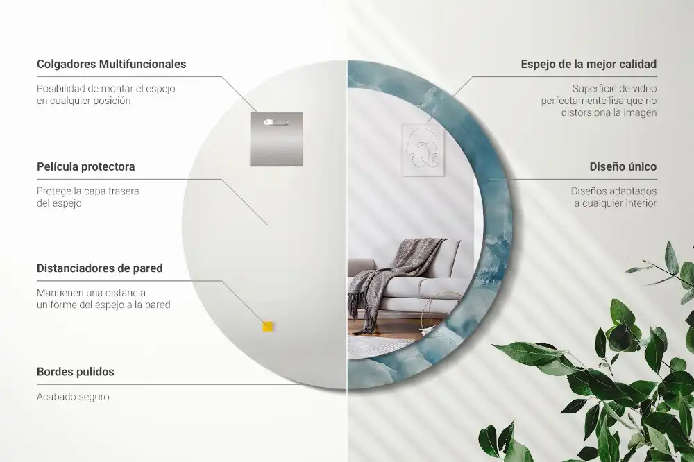 Miroir rond cadre avec impression marbre onyx bleu