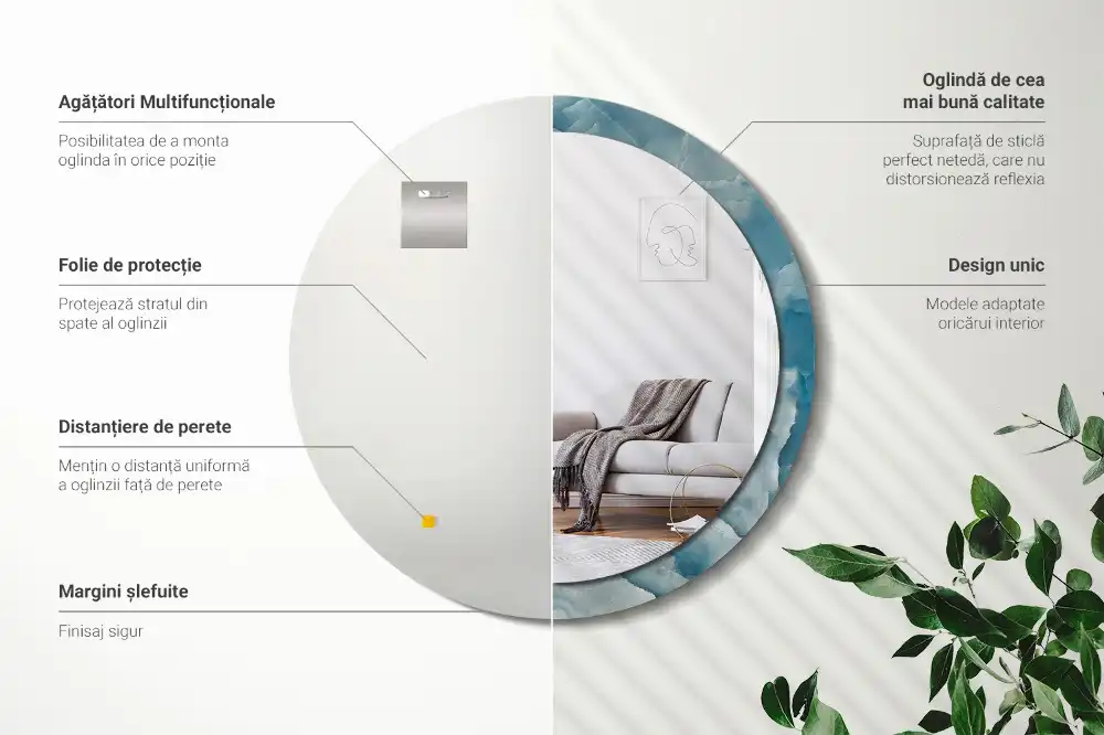 Miroir rond cadre avec impression marbre onyx bleu