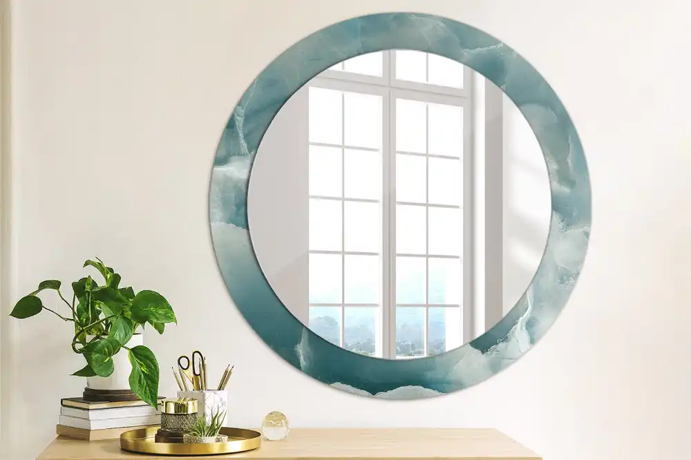 Miroir rond cadre avec impression marbre onyx bleu