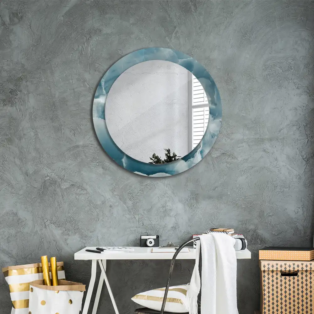 Miroir rond cadre avec impression marbre onyx bleu