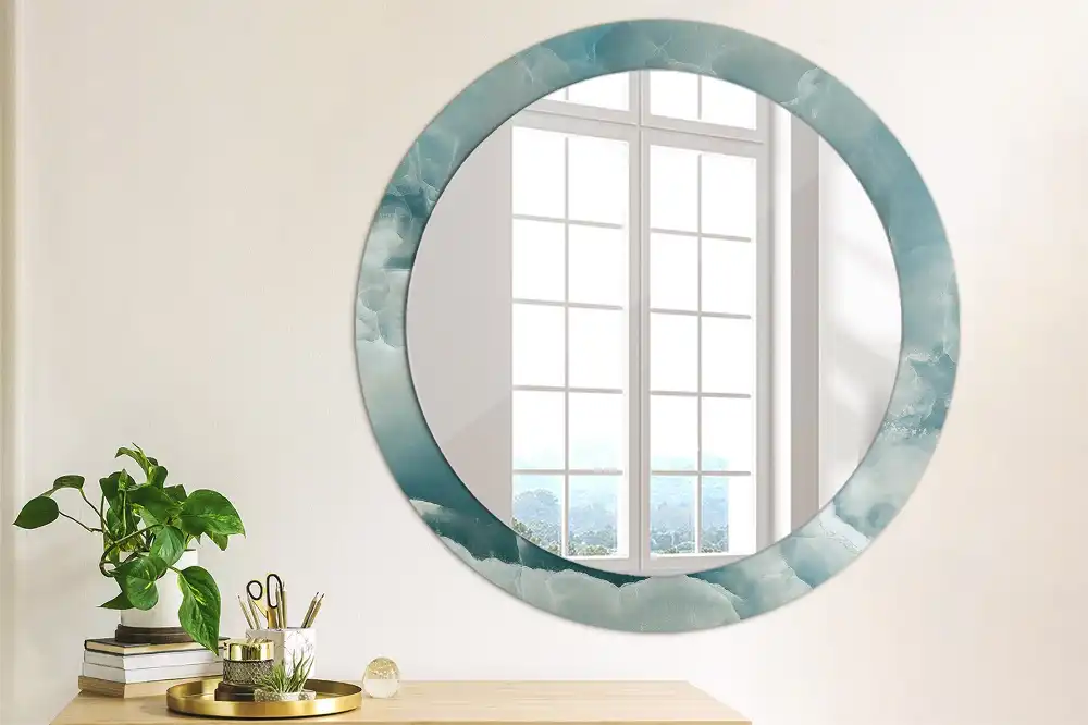 Miroir rond cadre avec impression marbre onyx bleu