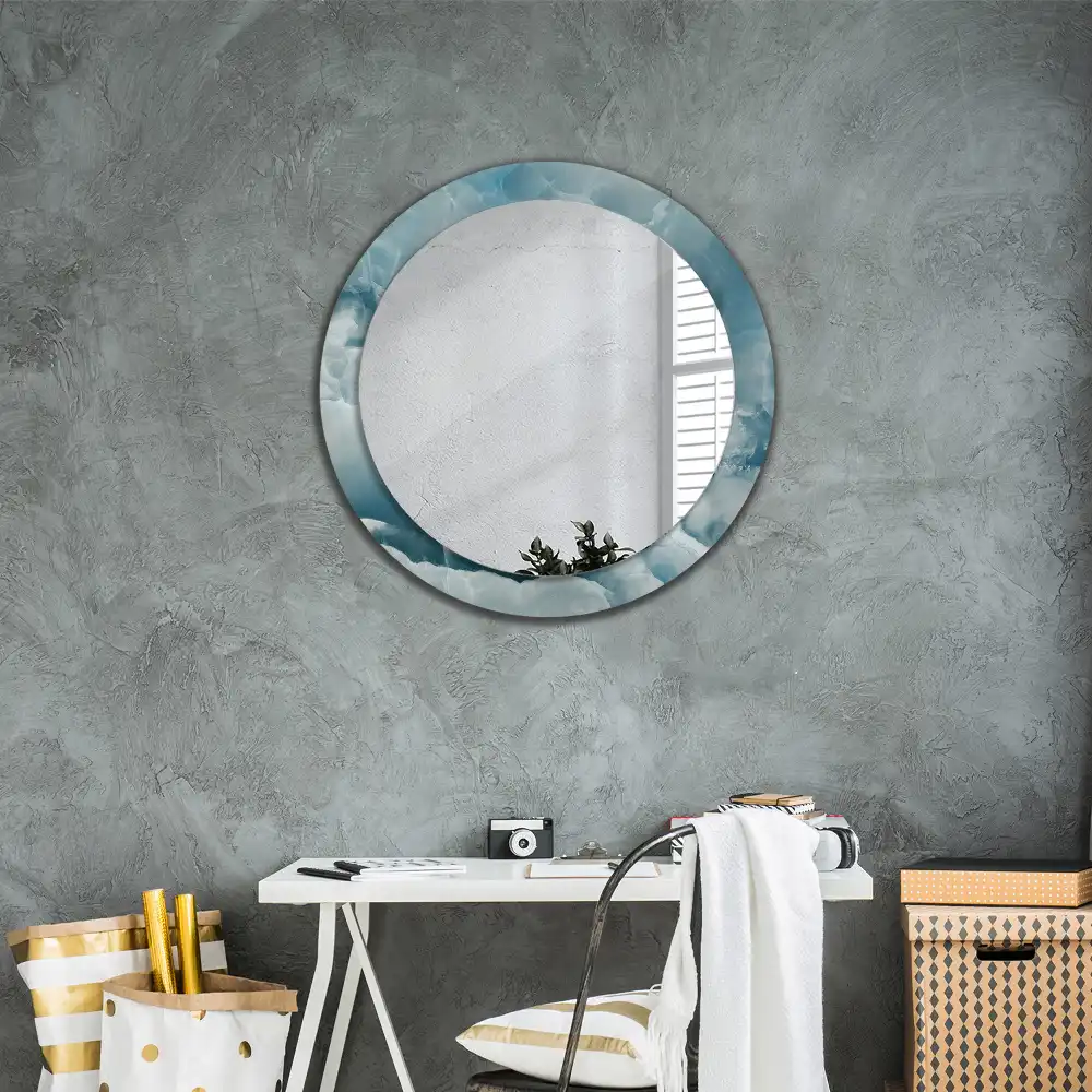 Miroir rond cadre avec impression marbre onyx bleu