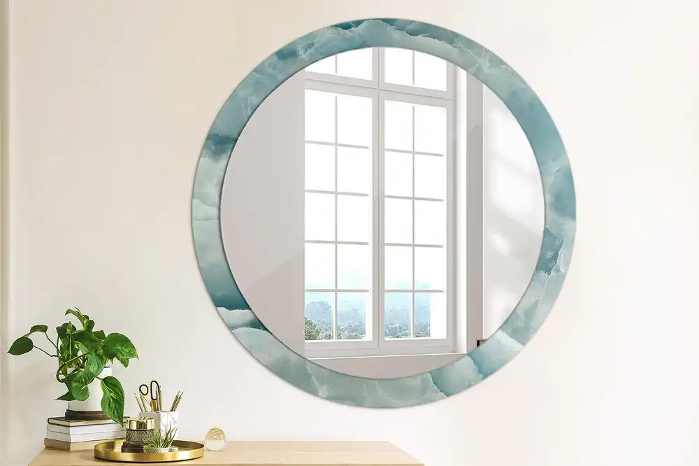 Miroir rond cadre avec impression marbre onyx bleu