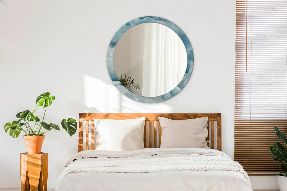 Miroir rond cadre avec impression marbre onyx bleu
