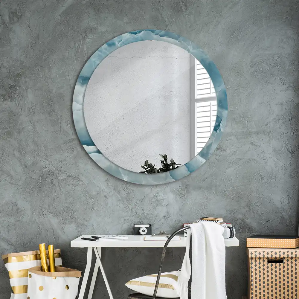 Miroir rond cadre avec impression marbre onyx bleu