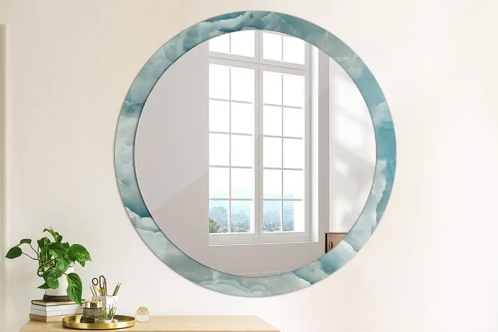 Miroir rond cadre avec impression marbre onyx bleu