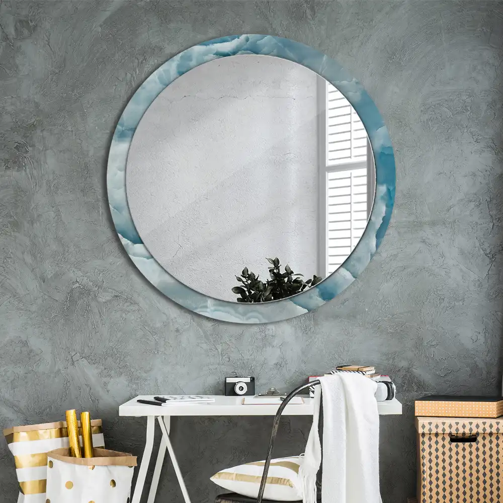 Miroir rond cadre avec impression marbre onyx bleu