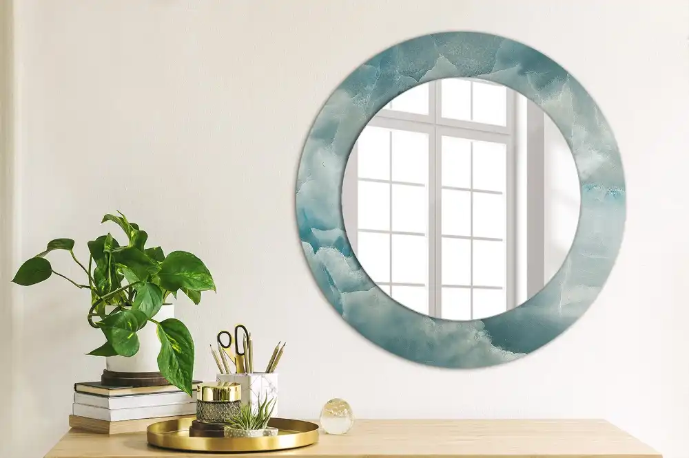 Miroir rond cadre avec impression marbre onyx bleu