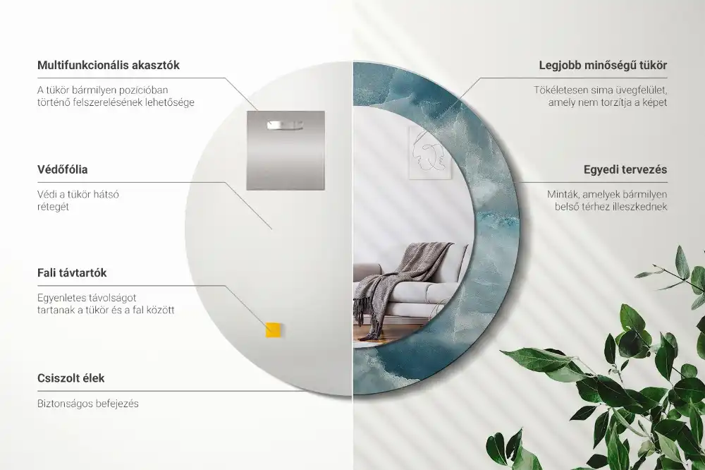 Miroir rond cadre avec impression marbre onyx bleu