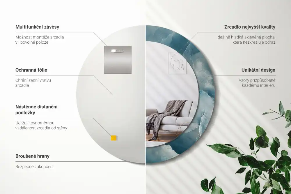 Miroir rond cadre avec impression marbre onyx bleu