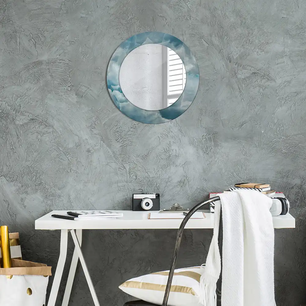 Miroir rond cadre avec impression marbre onyx bleu