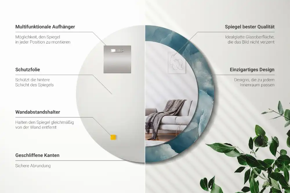 Miroir rond cadre avec impression marbre onyx bleu