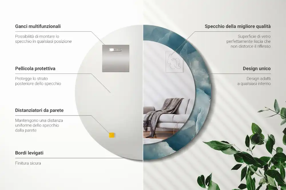 Miroir rond cadre avec impression marbre onyx bleu