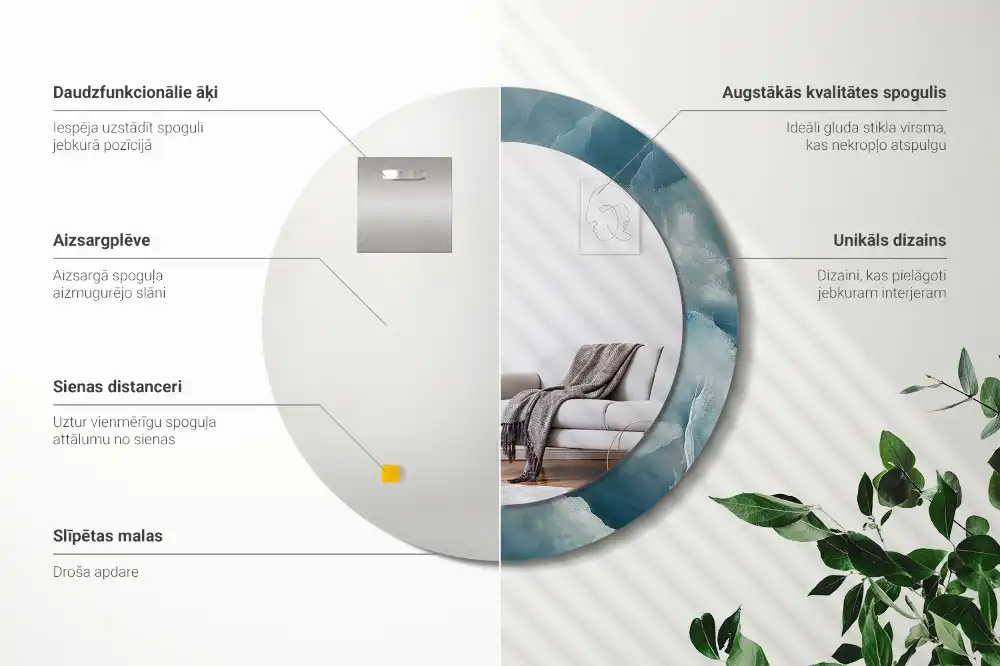 Miroir rond cadre avec impression marbre onyx bleu