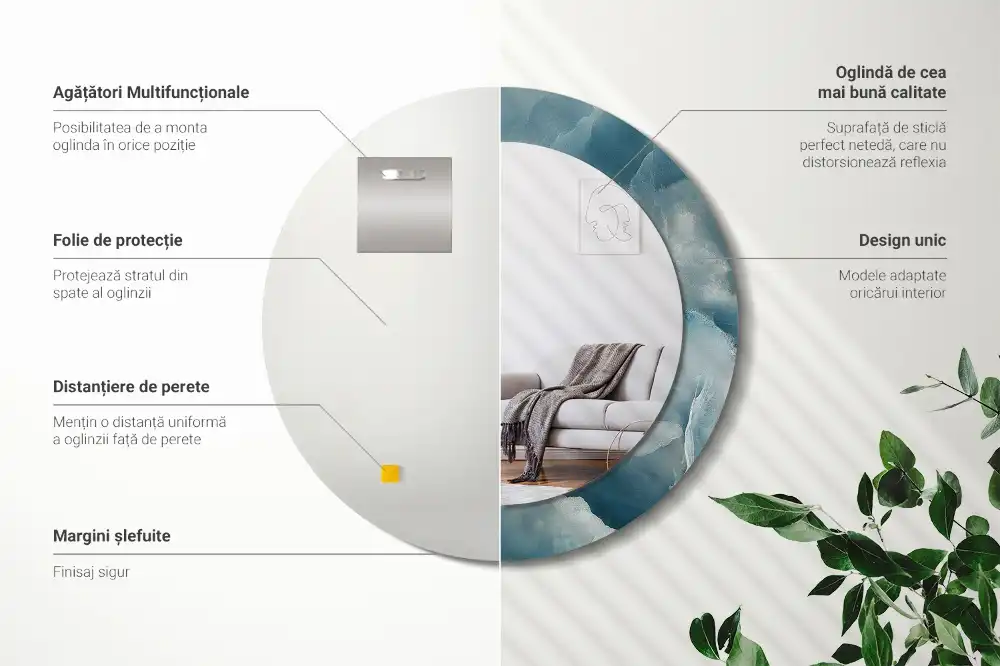 Miroir rond cadre avec impression marbre onyx bleu