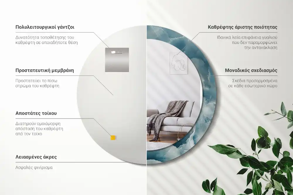 Miroir rond cadre avec impression marbre onyx bleu