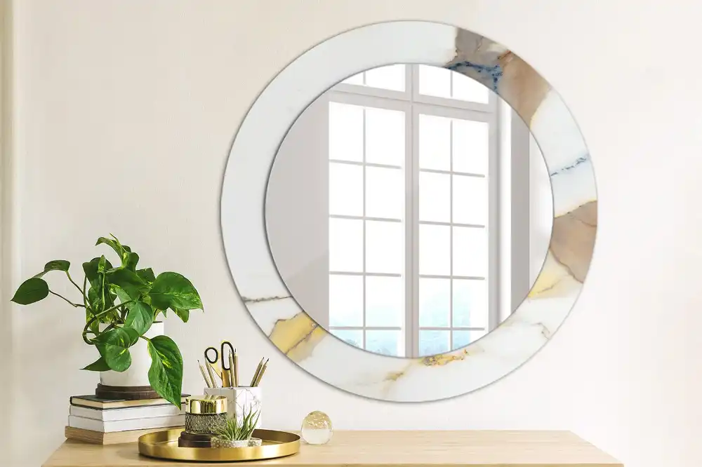 Miroir rond cadre avec impression marbrure blanche