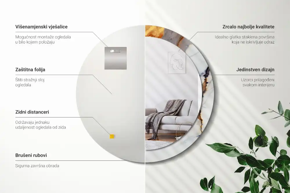Miroir rond cadre avec impression marbrure blanche