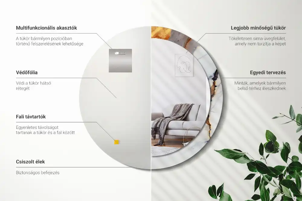 Miroir rond cadre avec impression marbrure blanche