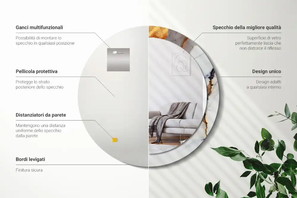 Miroir rond cadre avec impression marbrure blanche