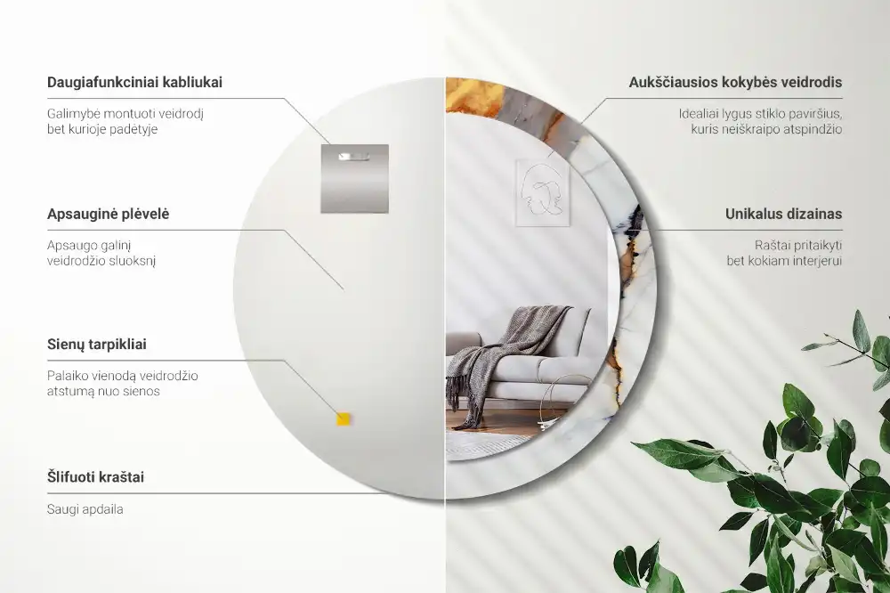 Miroir rond cadre avec impression marbrure blanche