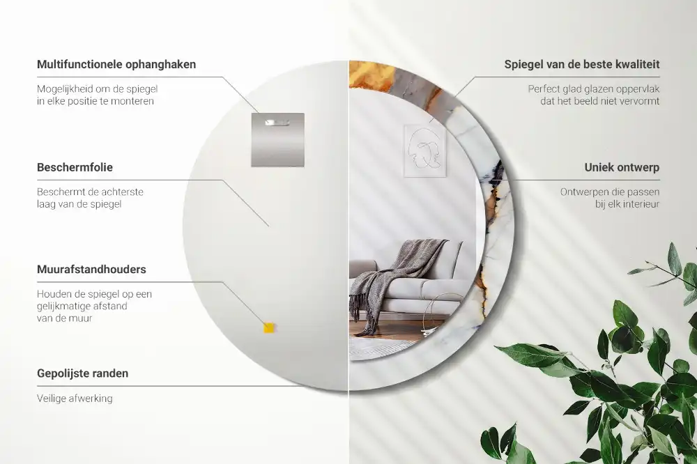 Miroir rond cadre avec impression marbrure blanche