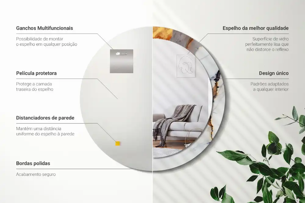 Miroir rond cadre avec impression marbrure blanche