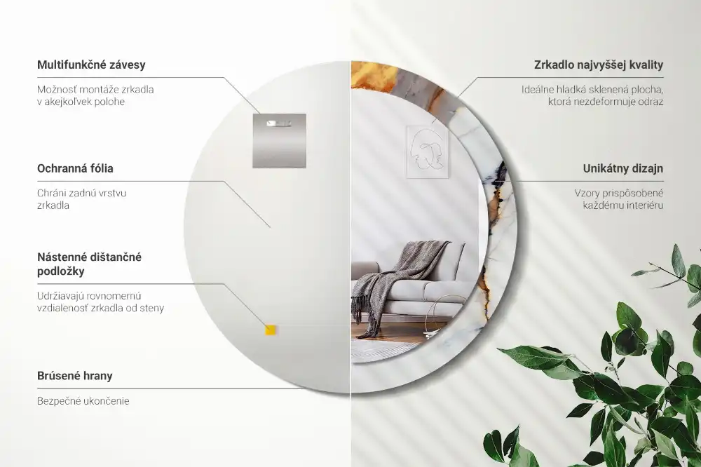 Miroir rond cadre avec impression marbrure blanche