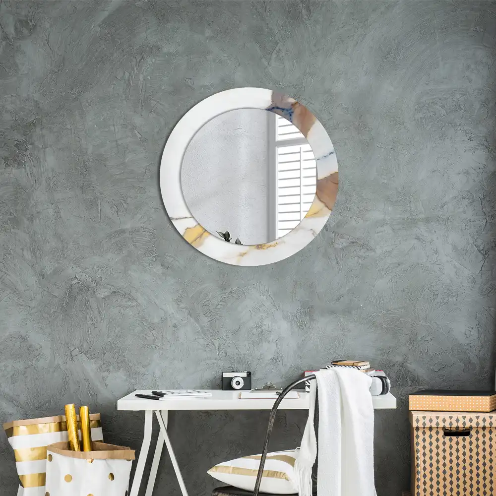 Miroir rond cadre avec impression marbrure blanche