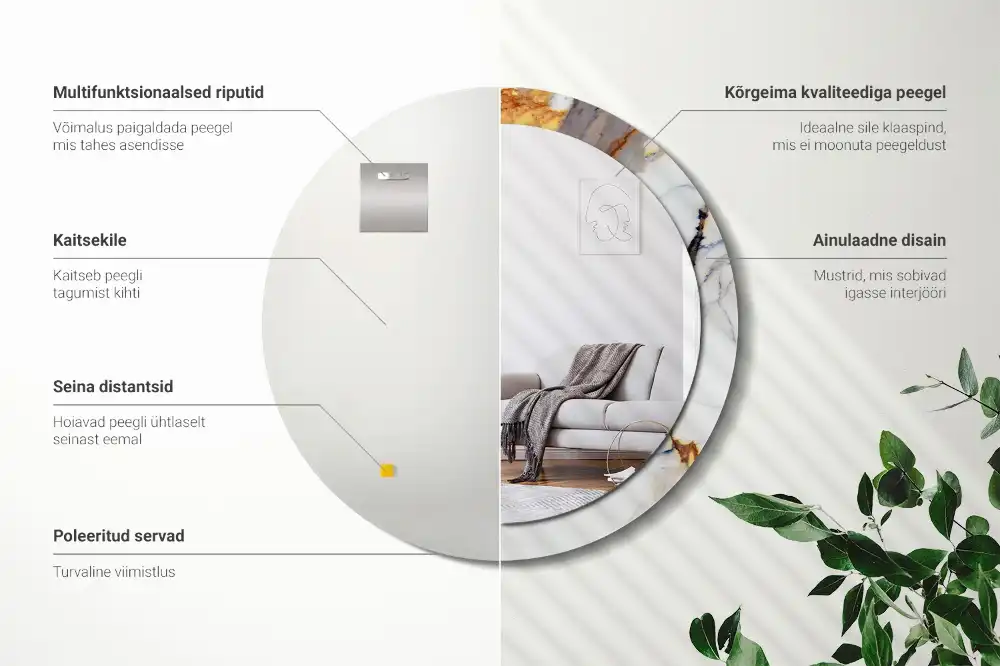 Miroir rond cadre avec impression marbrure blanche