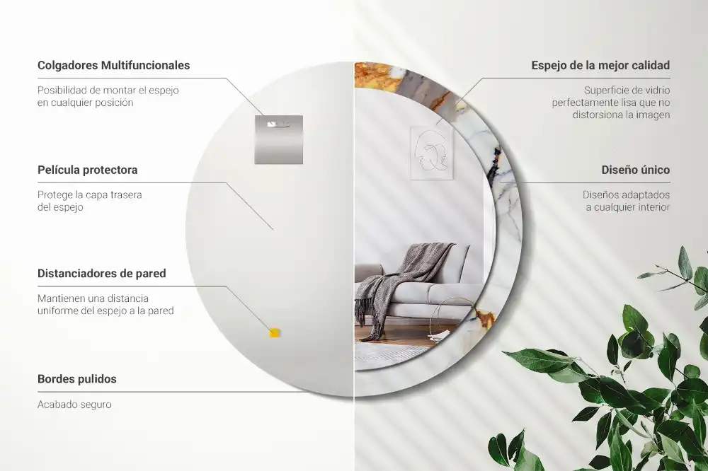 Miroir rond cadre avec impression marbrure blanche