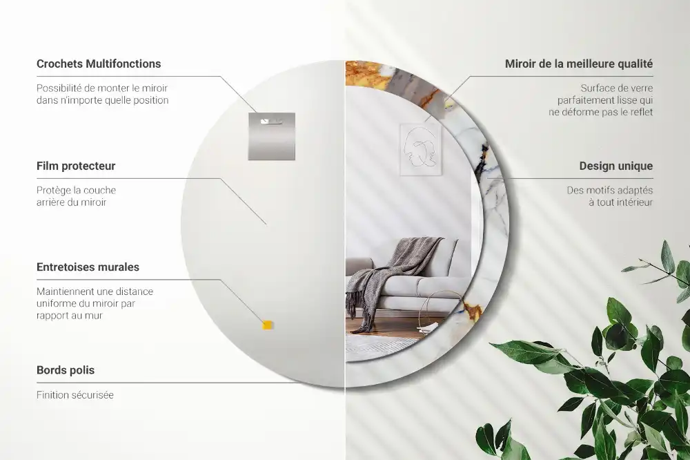Miroir rond cadre avec impression marbrure blanche