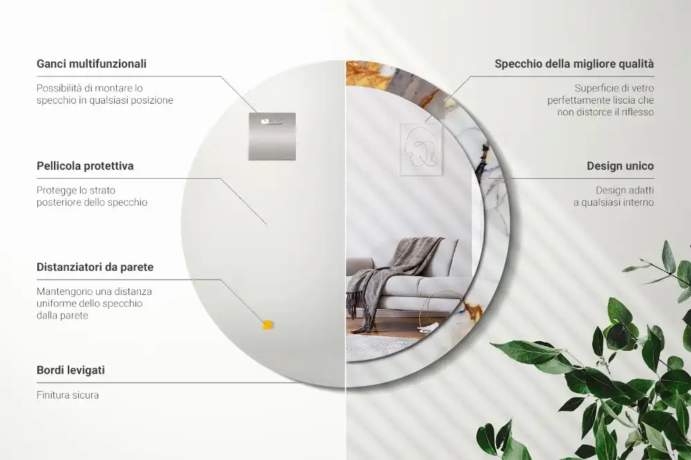 Miroir rond cadre avec impression marbrure blanche