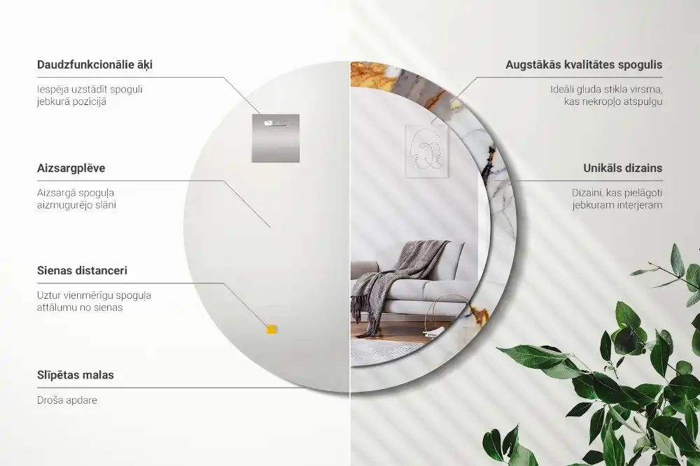 Miroir rond cadre avec impression marbrure blanche
