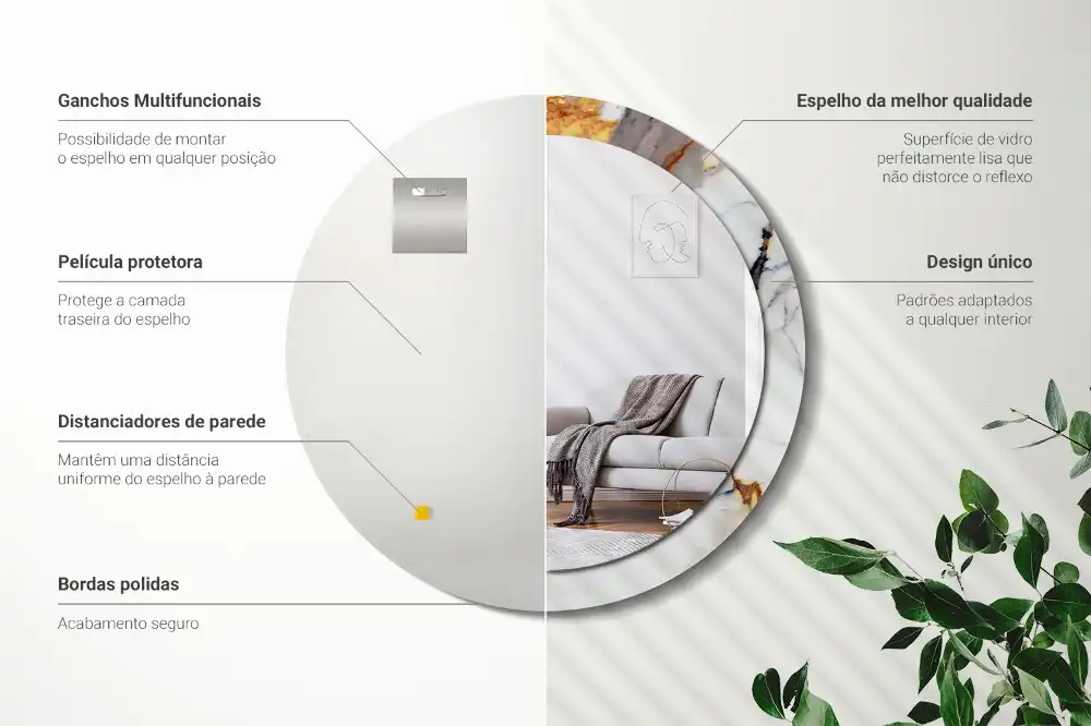 Miroir rond cadre avec impression marbrure blanche