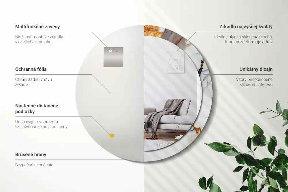Miroir rond cadre avec impression marbrure blanche