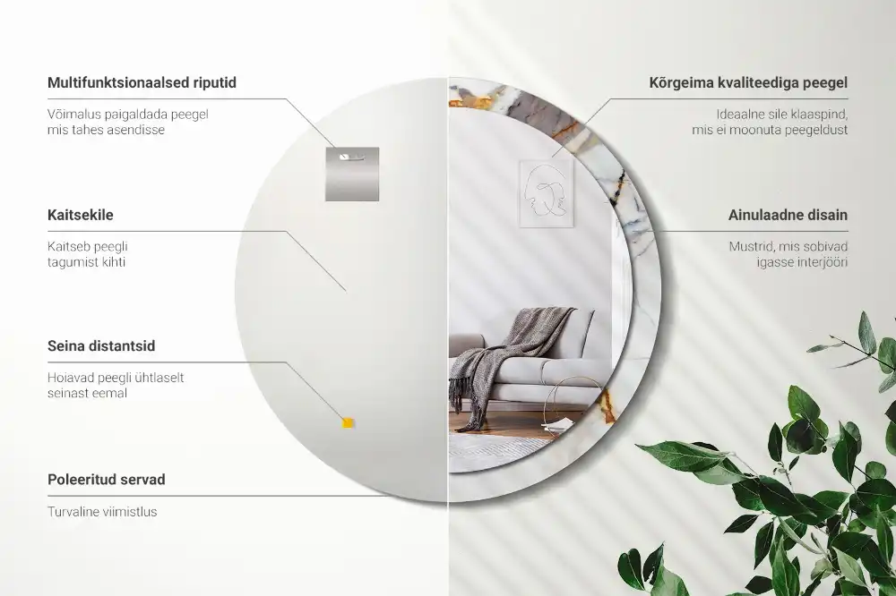 Miroir rond cadre avec impression marbrure blanche