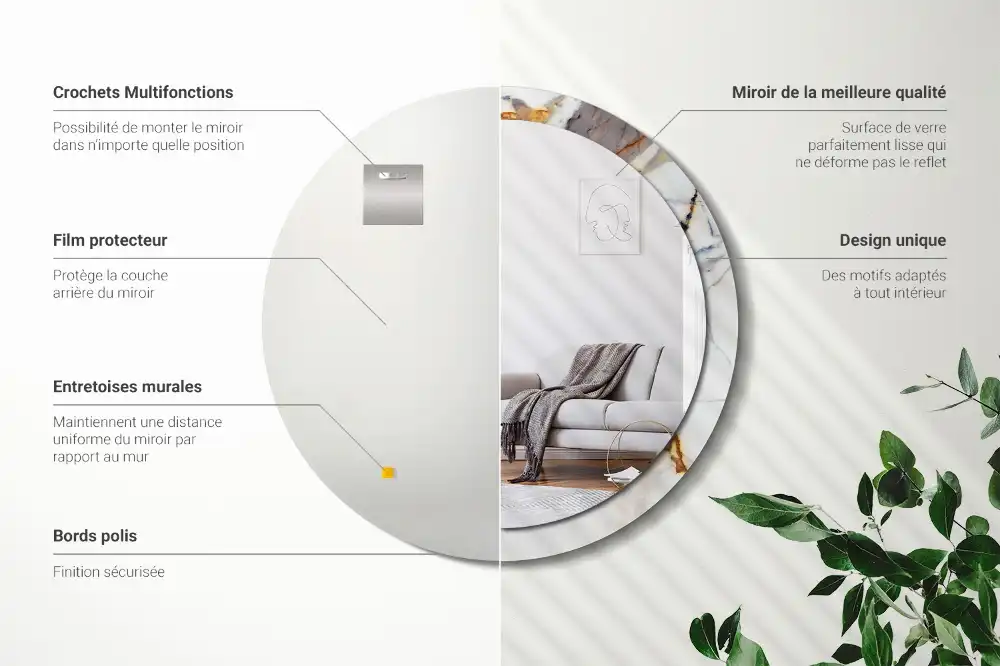 Miroir rond cadre avec impression marbrure blanche